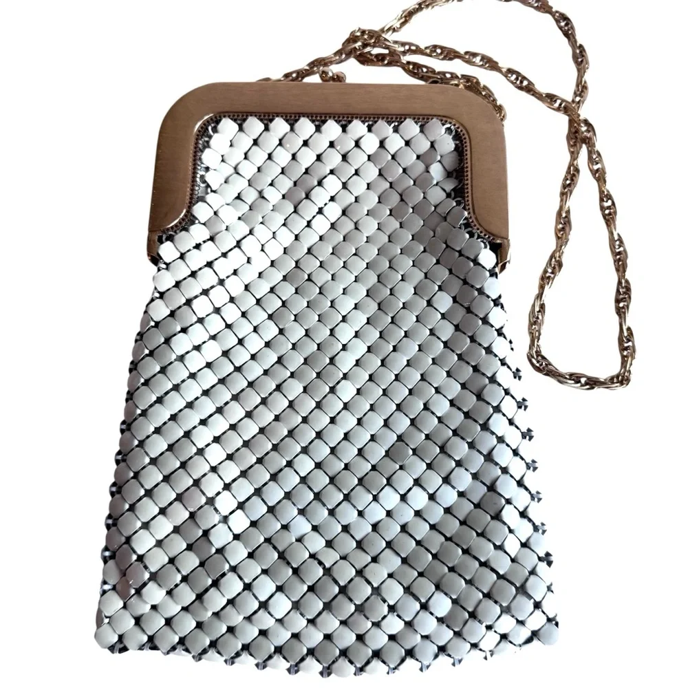 Vintage Whiting & Davis Purse Large Mesh Metal Matte Gold Cream 2816 Lined